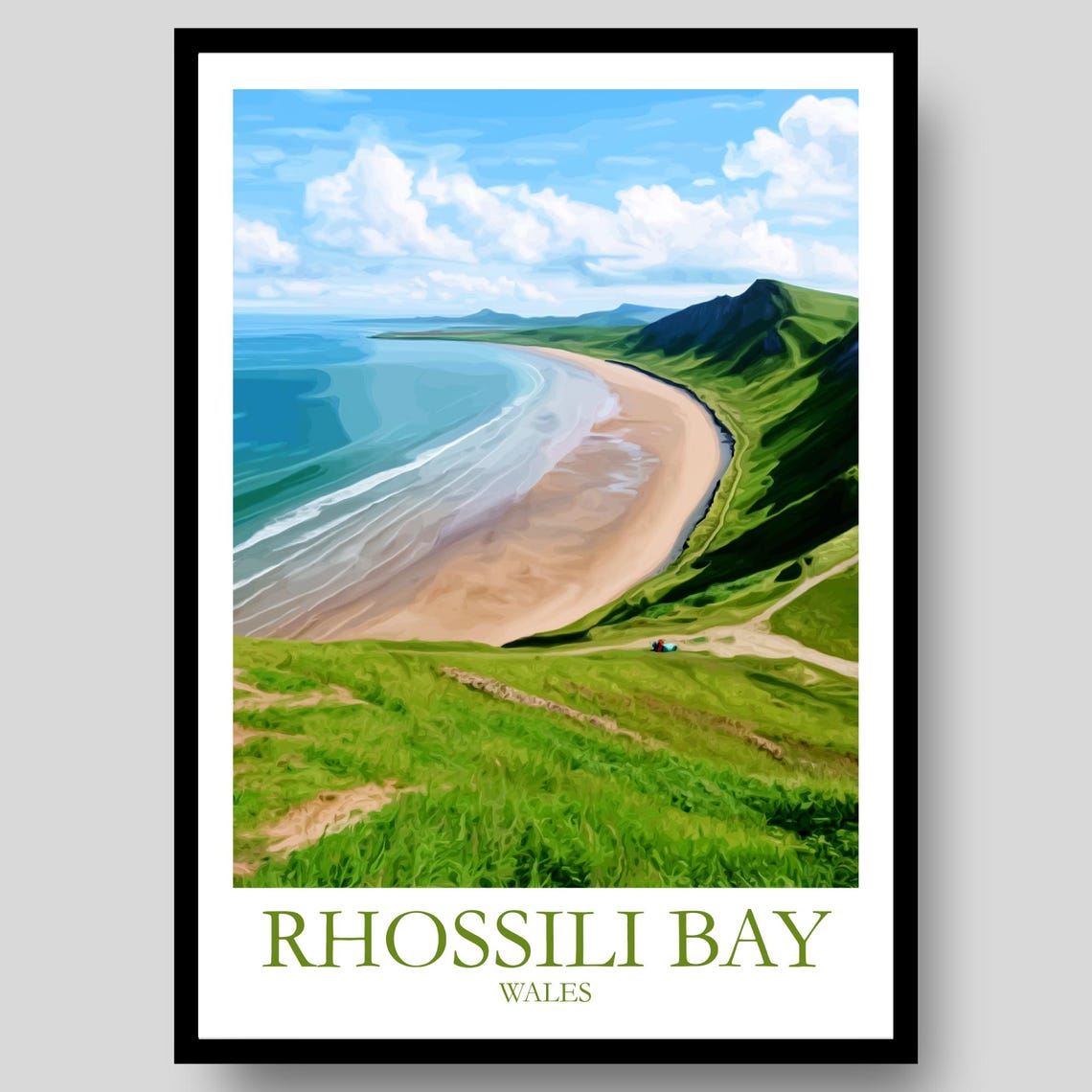 Rhossili Bay Wales Sweeping Beach Green Cliffs Seascape Travel Poster