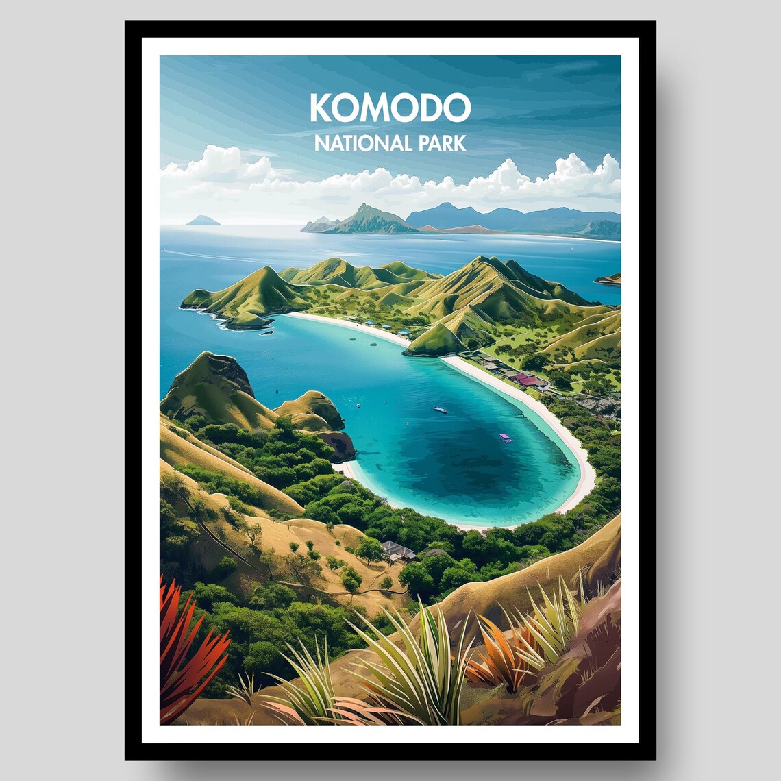 Komodo National Park Tropical Islands Blue Bay Vintage Travel Poster