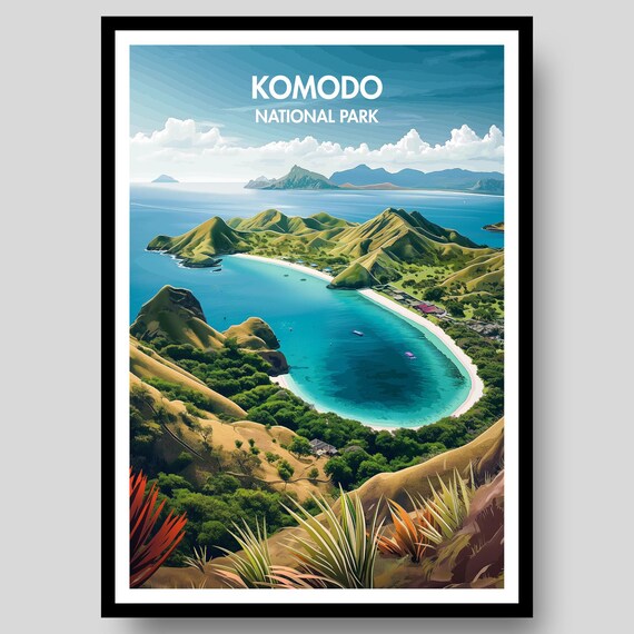 Komodo National Park Tropical Islands Blue Bay Vintage Travel Poster