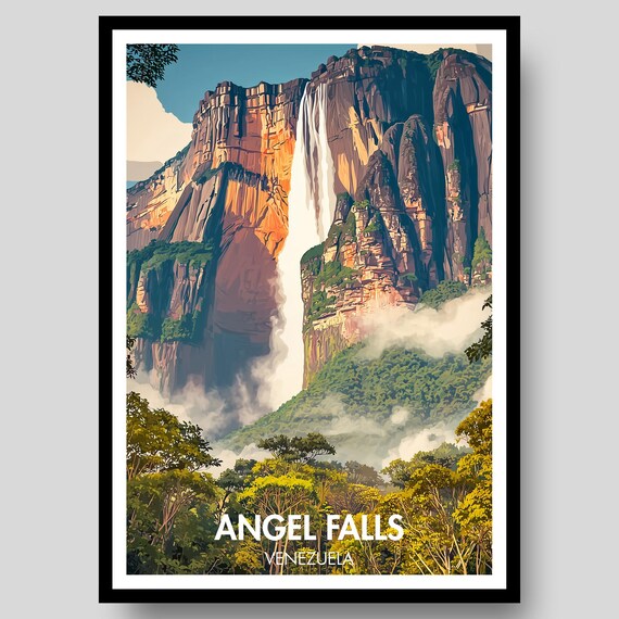 Angel Falls Venezuela Jungle Waterfall Vintage Travel Style Poster