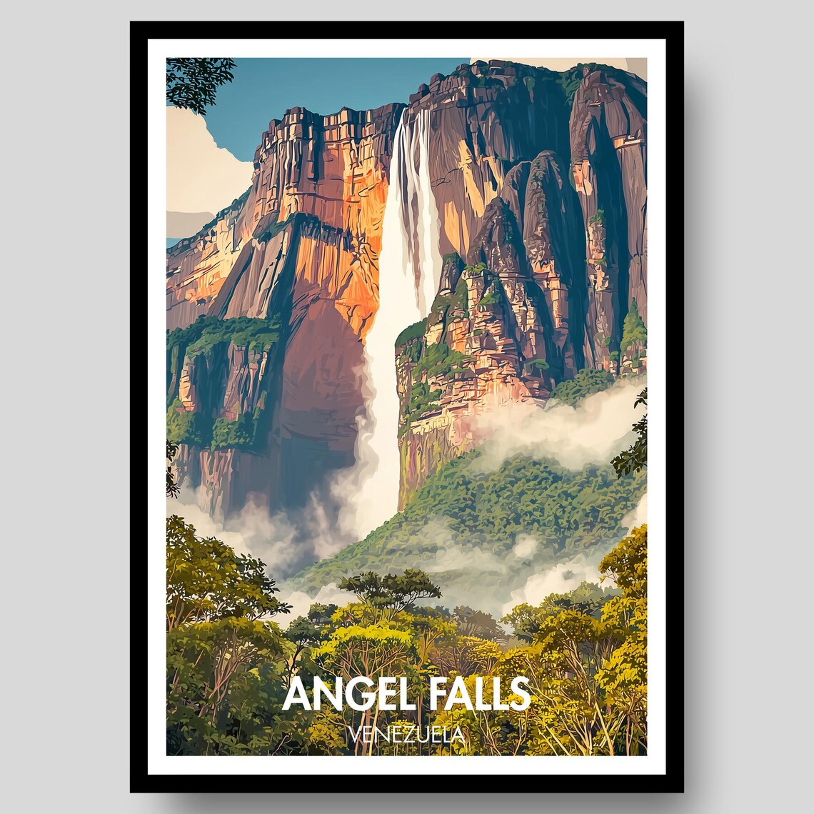 Angel Falls Venezuela Jungle Waterfall Vintage Travel Style Poster