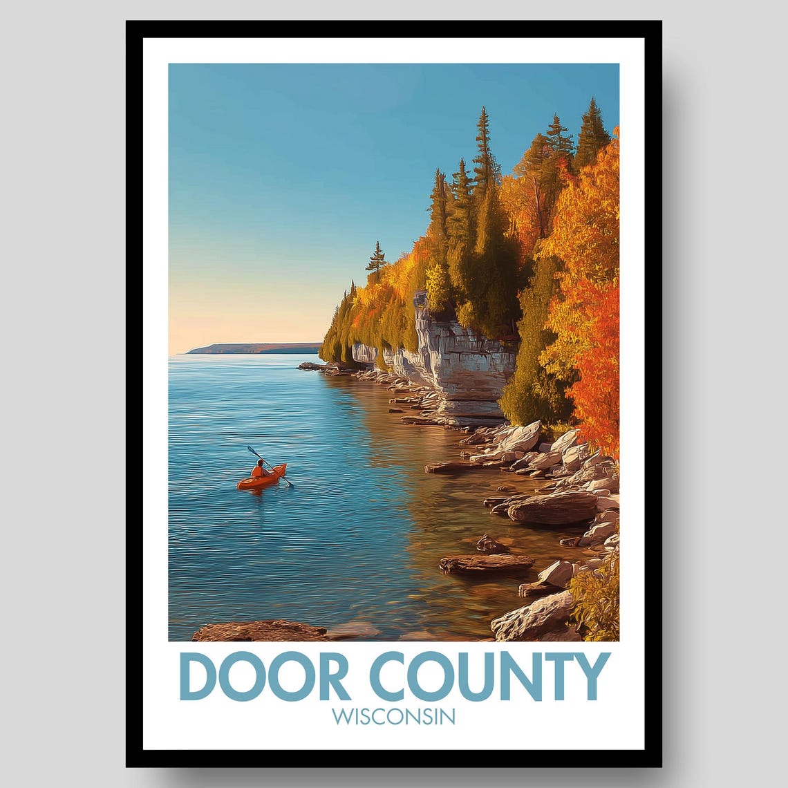 Door County Wisconsin Autumn Shoreline Kayaker Scenic Art Poster