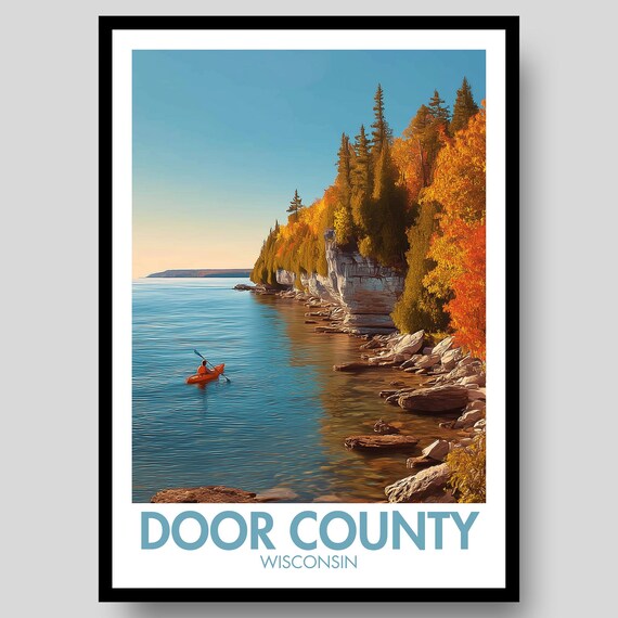 Door County Wisconsin Autumn Shoreline Kayaker Scenic Art Poster