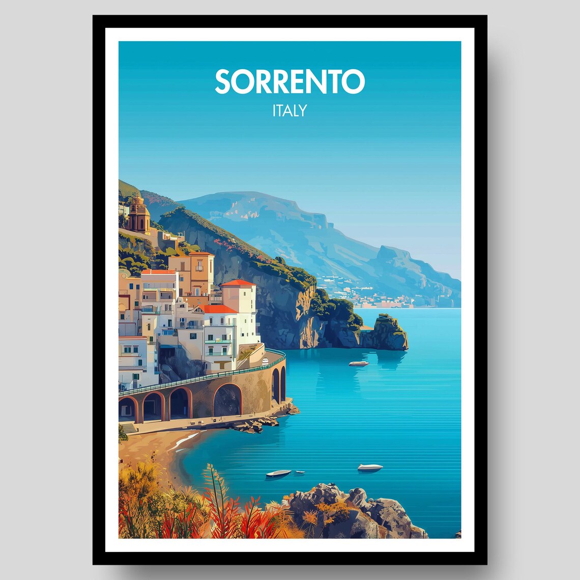 Sorrento Italy Coastal Road Rocky Cove Vintage Travel Poster