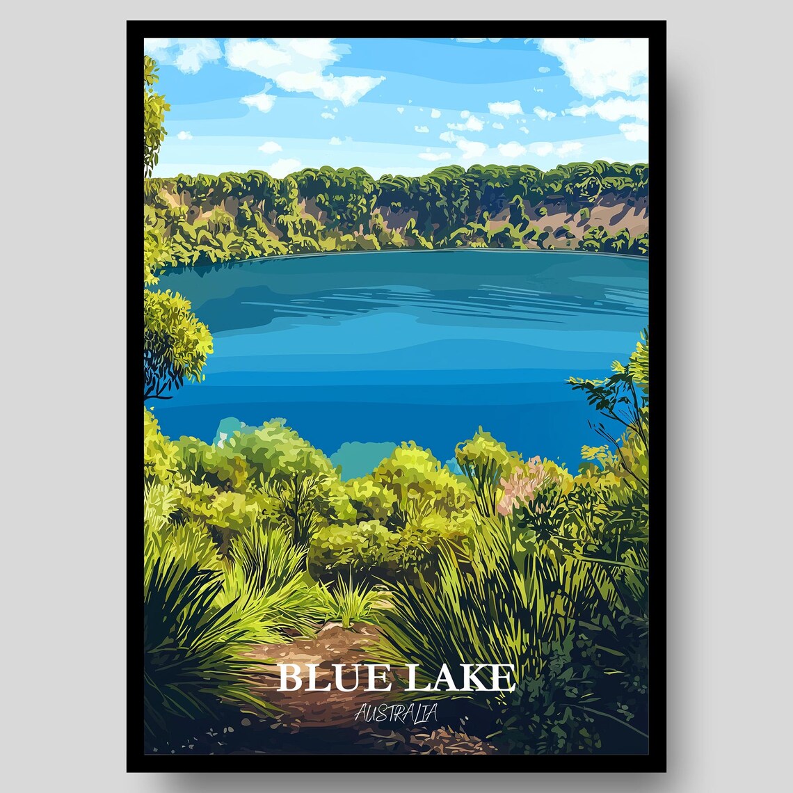 Blue Lake Australia Crater Lake Lush Green Nature Art Poster