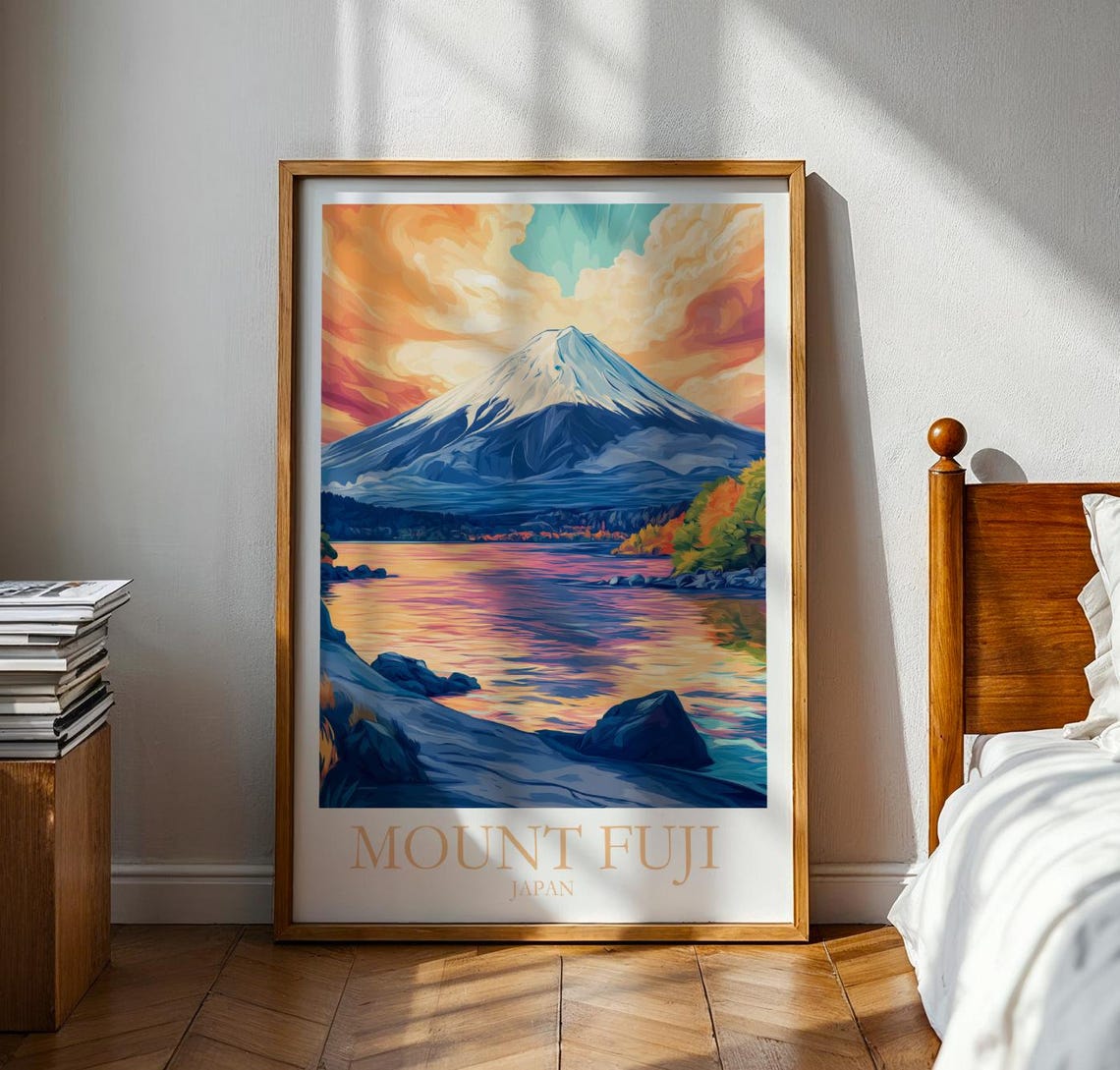 Mount Fuji Japan Sunset Snowy Peak Lake Reflection Travel Poster