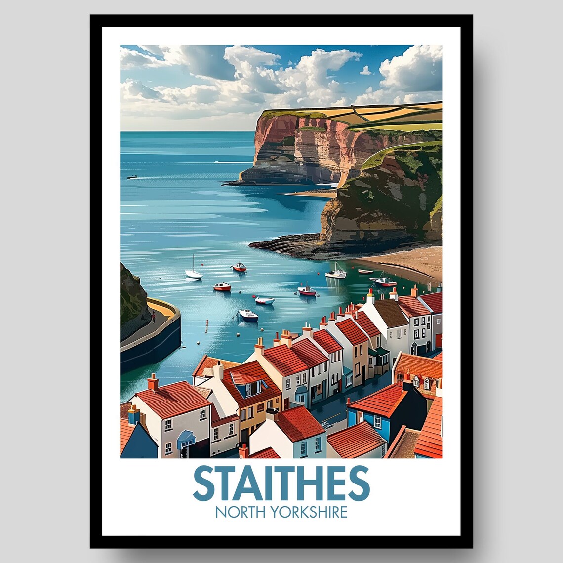 Staithes North Yorkshire Fishing Village Harbor Cliffs Travel Poster