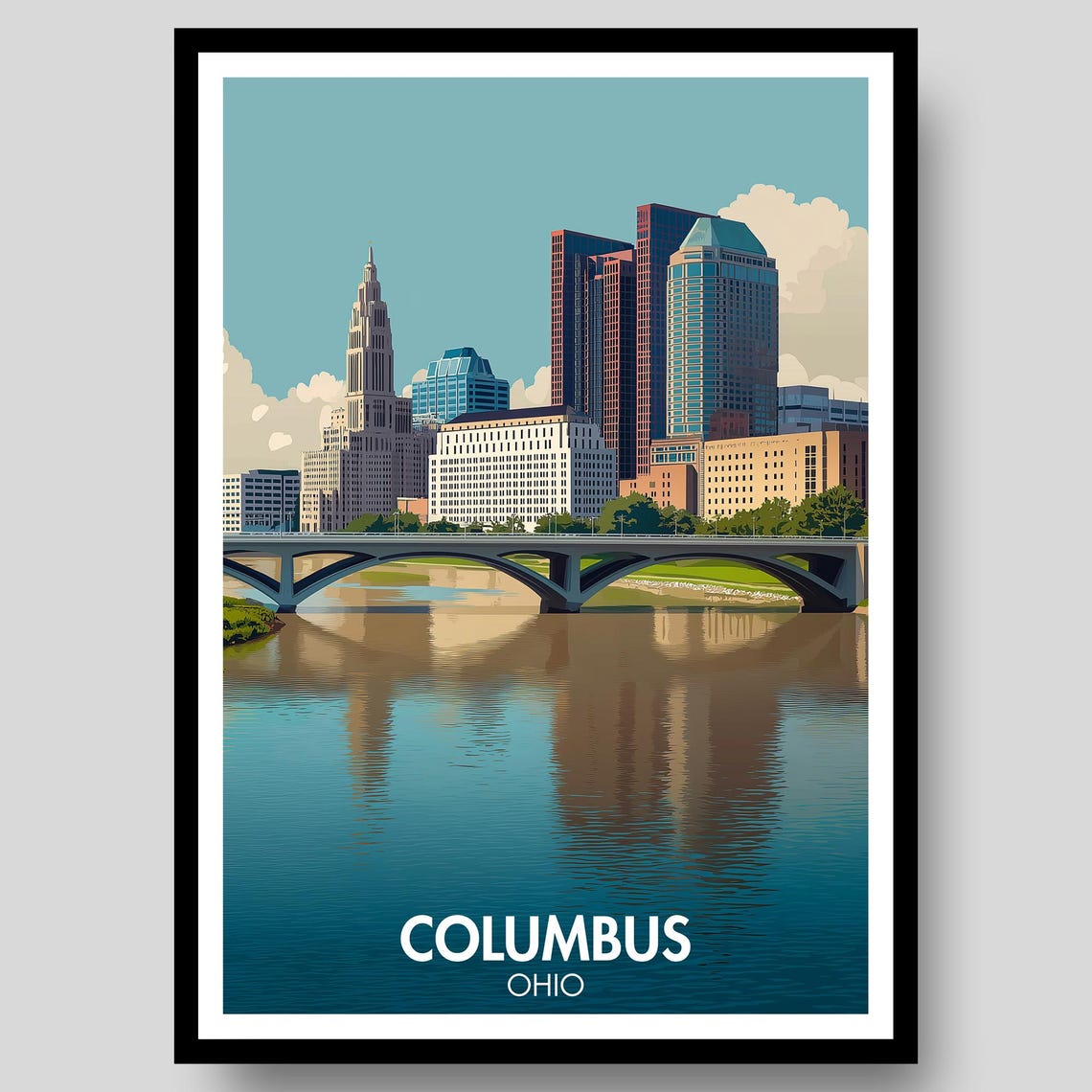 Columbus Ohio Skyline River Bridge Vintage Style Travel Poster
