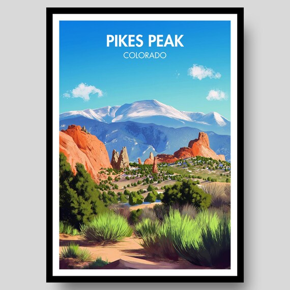 Pikes Peak Colorado Snowy Summit Red Rock Garden View Poster