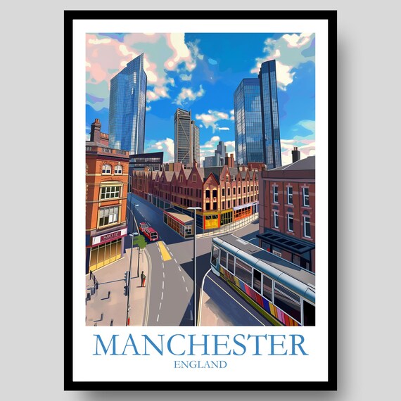 Manchester England City Skyline Tram Modern Travel Art Poster