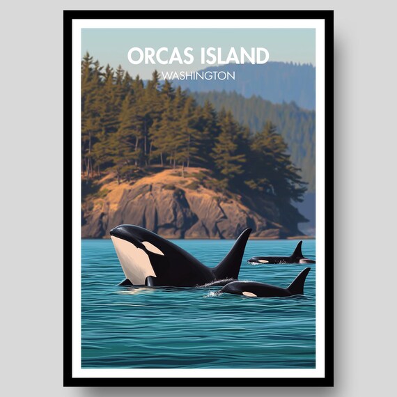 Orcas Island Washington Orca Whales Ocean Forest Coast Poster Art