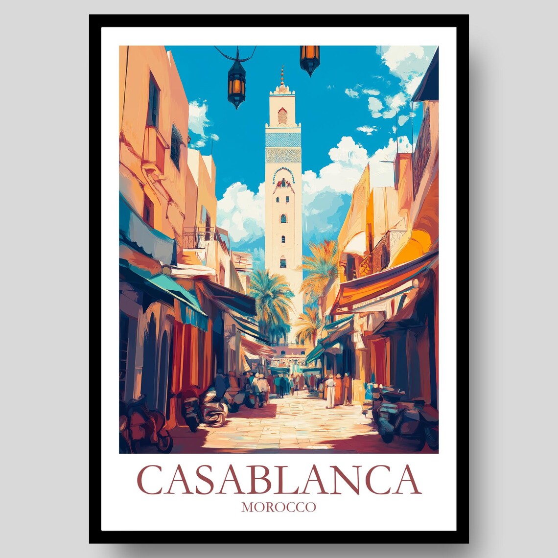 Casablanca Morocco Medina Street Minaret Market Day Travel Poster