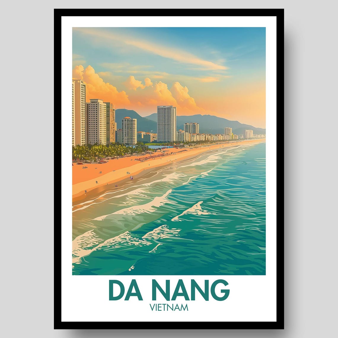 Da Nang Vietnam Sandy Beach Waves City View Travel Illustration Poster