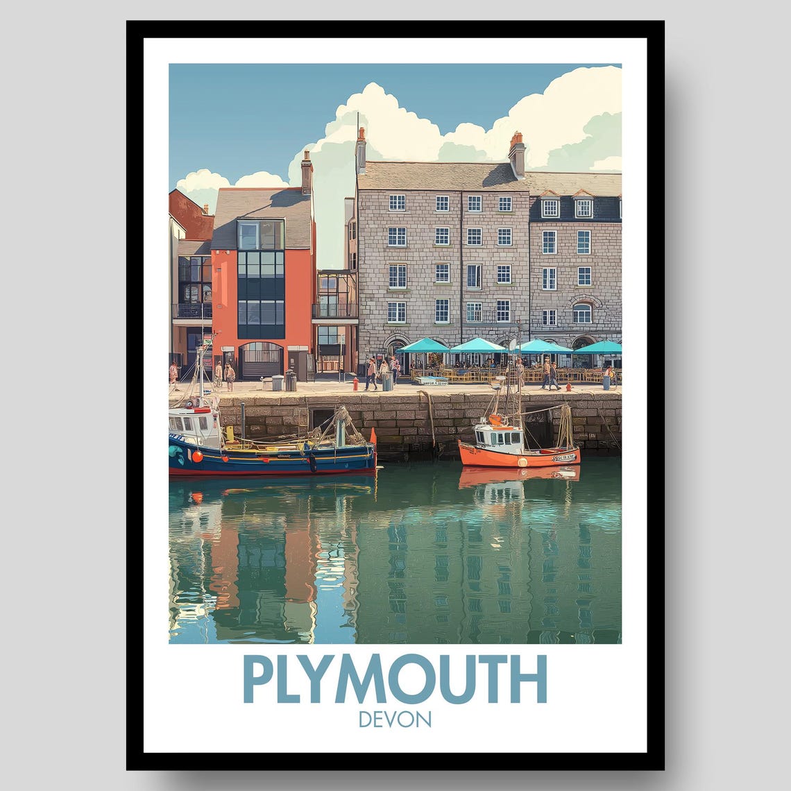 Plymouth Devon Quayside Boats Historic Harbor Retro Travel Poster