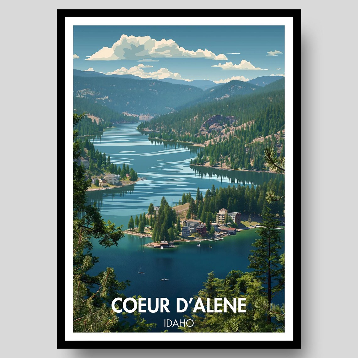 Coeur D'Alene Idaho Forested Lake Mountain Scenic View Poster