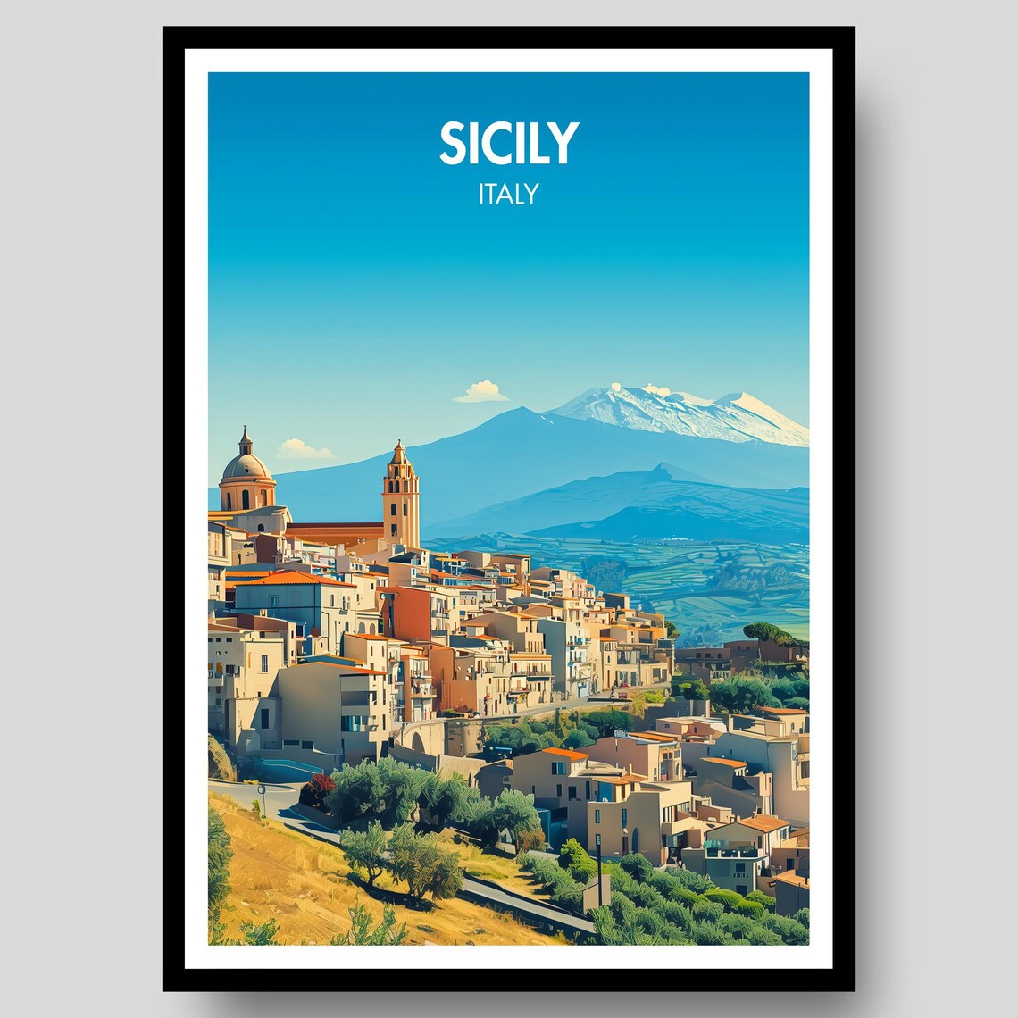 Sicily Italy Mount Etna Hill Town Vintage Travel Poster Sunlit Village Art