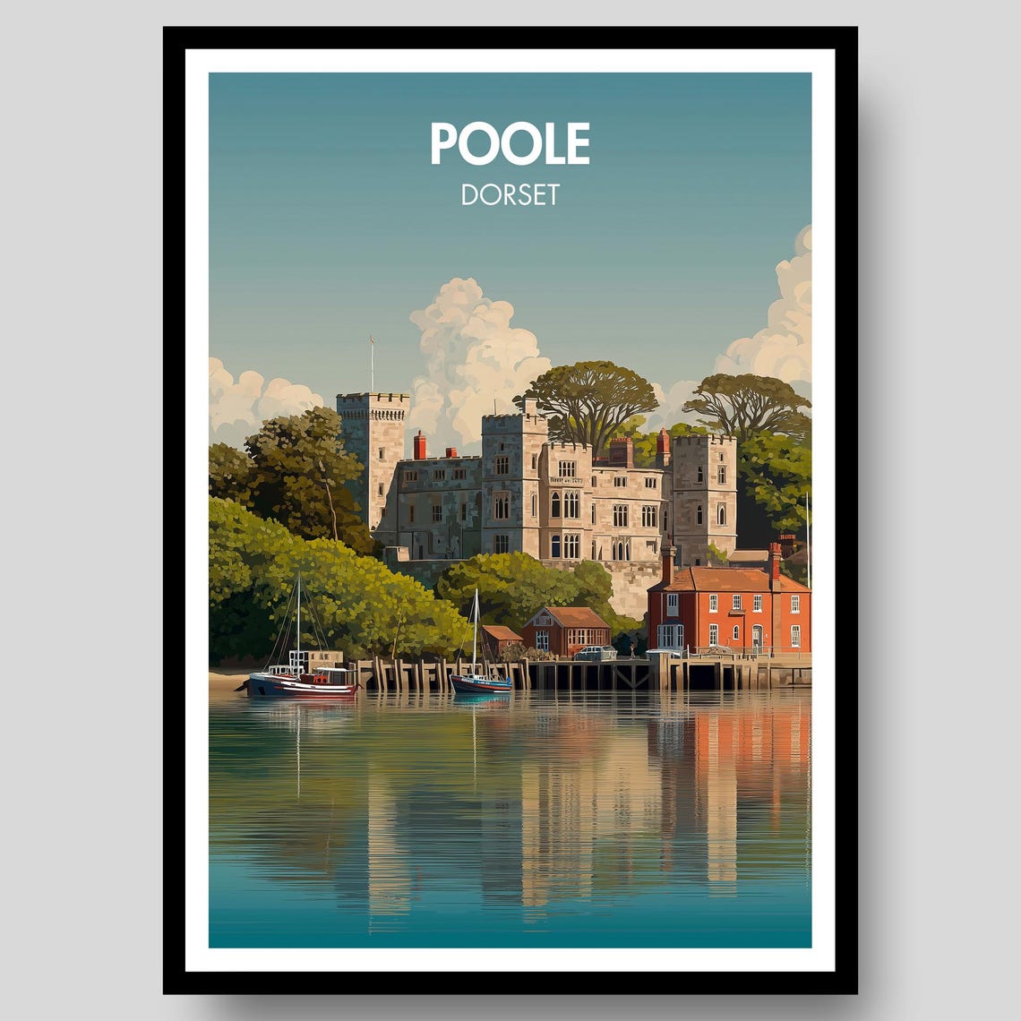 Poole Dorset Castle Harbour Retro English Coastal Travel Poster