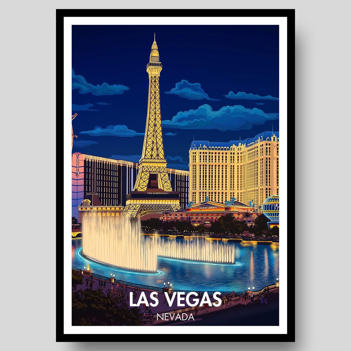 Las Vegas Nevada Eiffel Tower Replica Fountains Night Poster