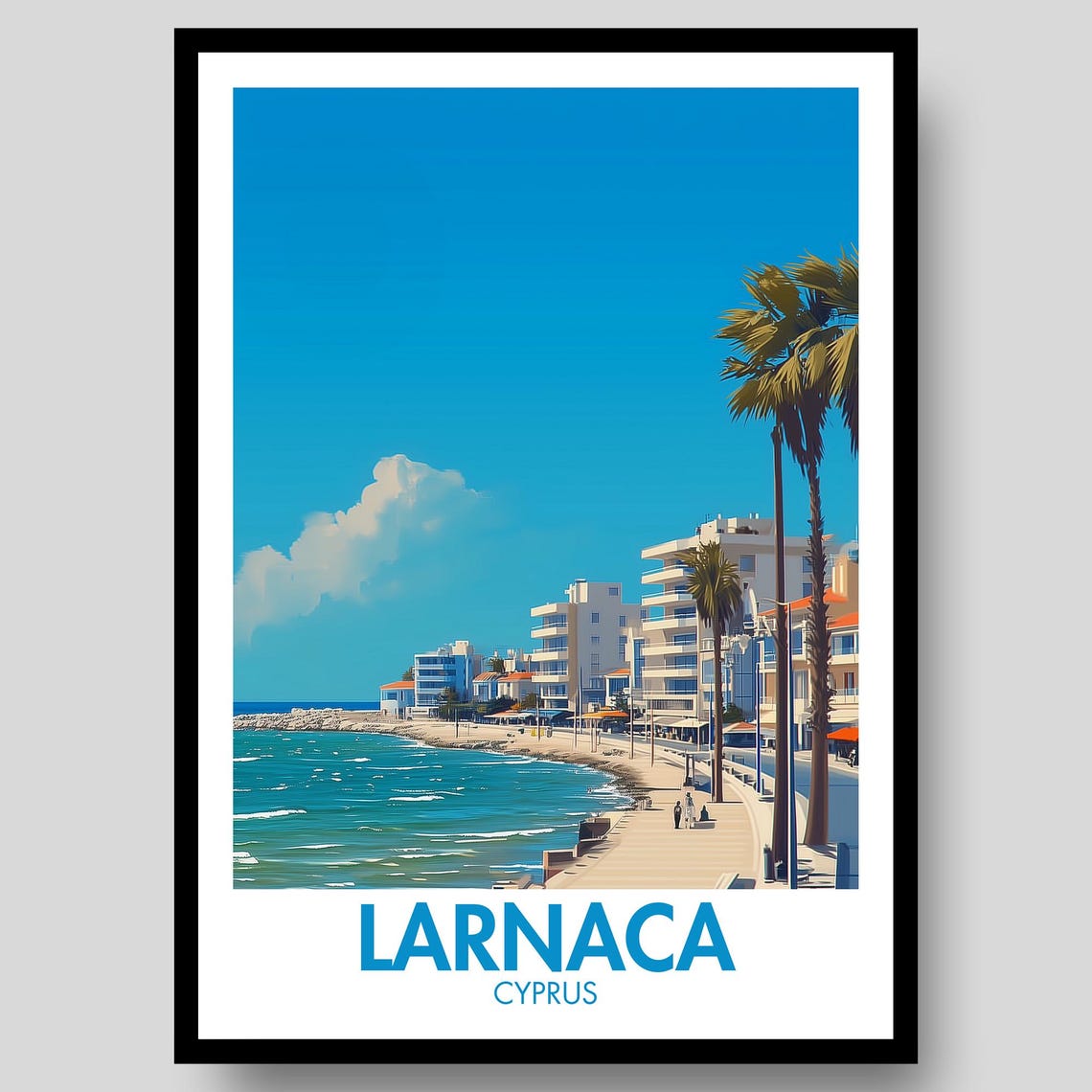 Larnaca Cyprus Beachfront Palm Promenade Seaside Travel Poster