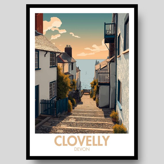 Clovelly Devon Whitewashed Cottages Seaside Lane Retro Travel Poster