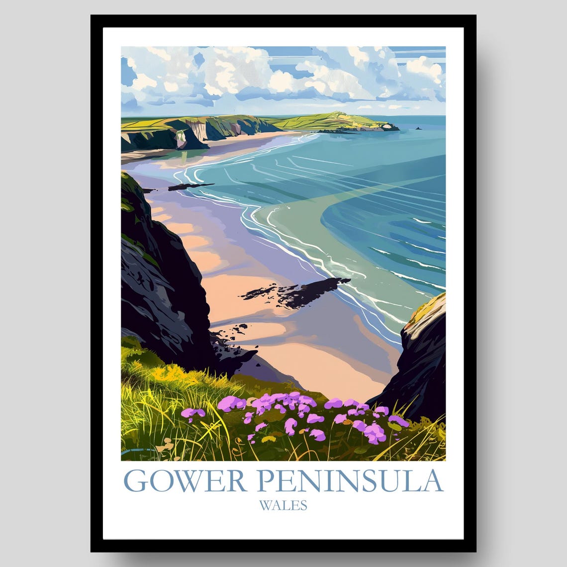 Gower Peninsula Wales Clifftop Beach Wildflowers Ocean View Poster