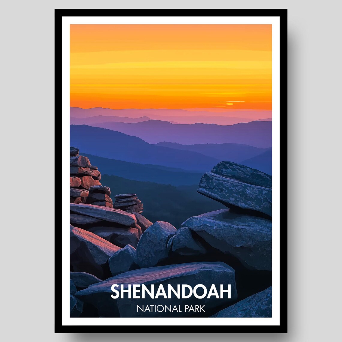 Shenandoah National Park Golden Sunset Mountain Rocks Scene Poster