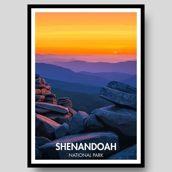 Shenandoah National Park Golden Sunset Mountain Rocks Scene Poster