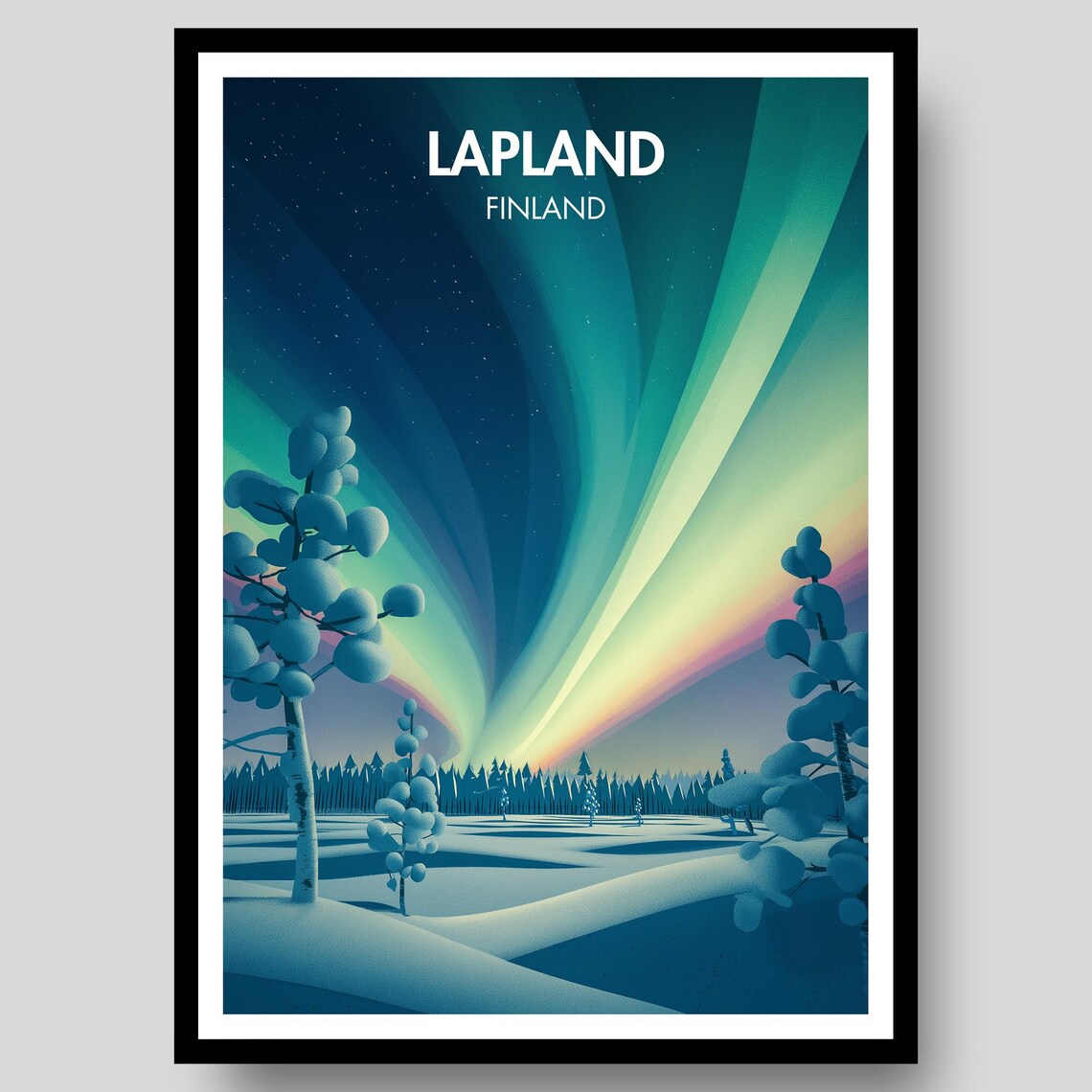 Lapland Finland Aurora Borealis Starry Night Snow Forest Travel Poster