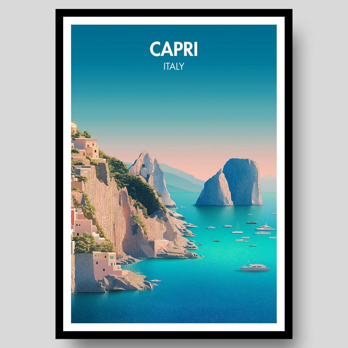 Capri Italy Faraglioni Cliffs Sailboats Dusk Turquoise Sea Poster