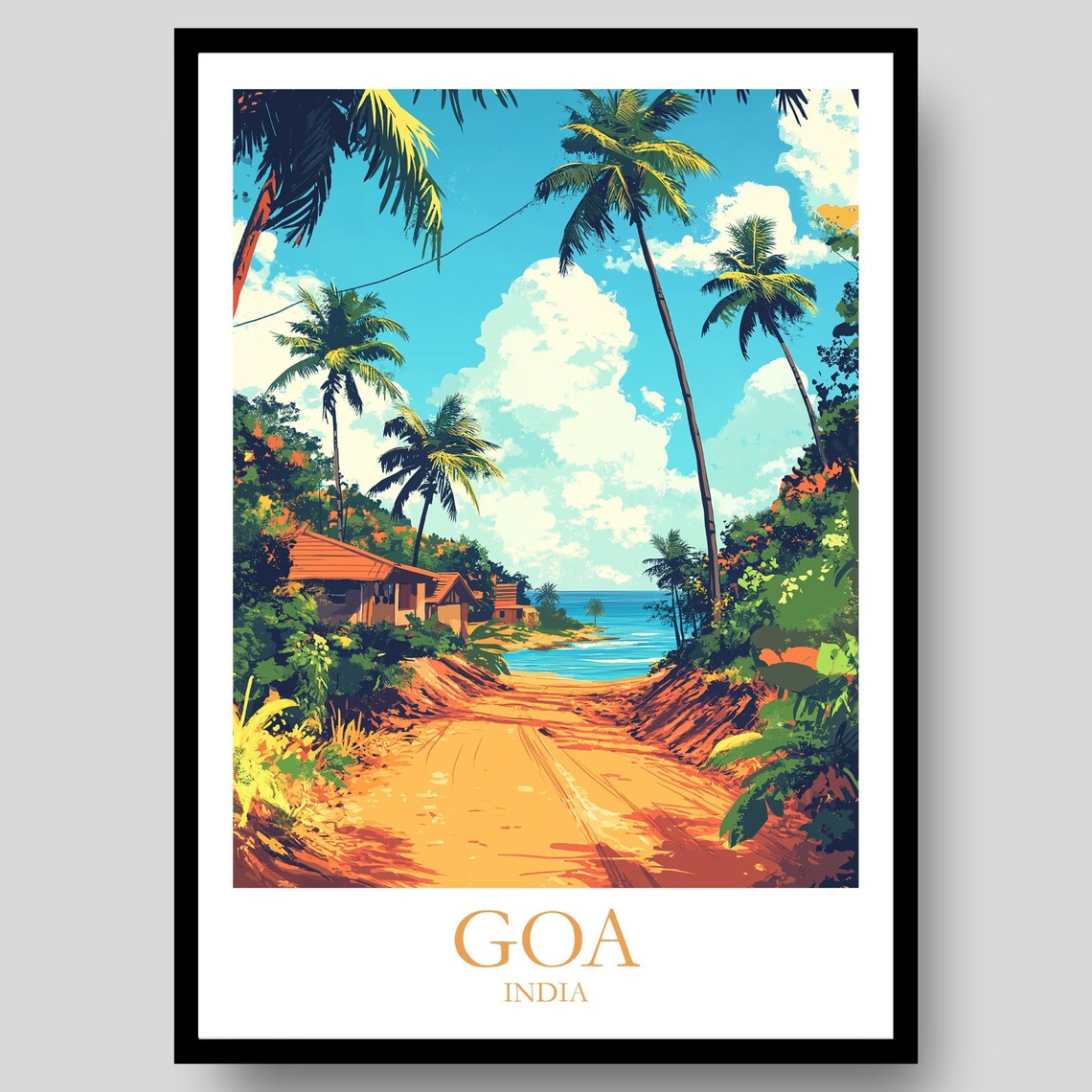 Goa India Palm Lined Beach Road Tropical Coast Travel Poster