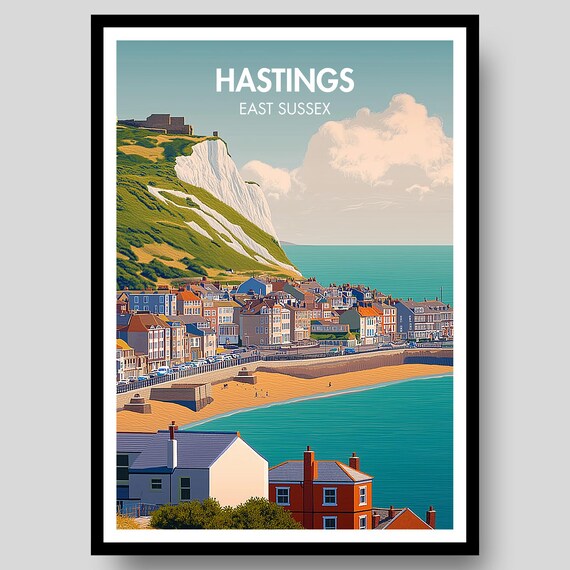 Hastings East Sussex Beach Town White Cliffs Retro Travel Poster