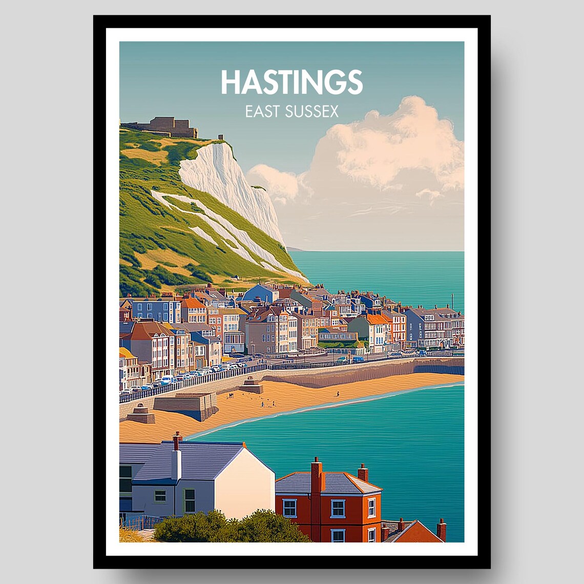 Hastings East Sussex Beach Town White Cliffs Retro Travel Poster