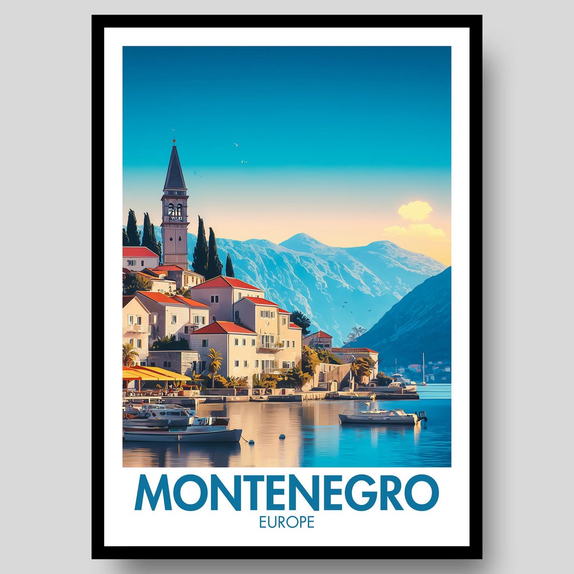Montenegro Europe Vintage Travel Poster Coastal Town Mountains