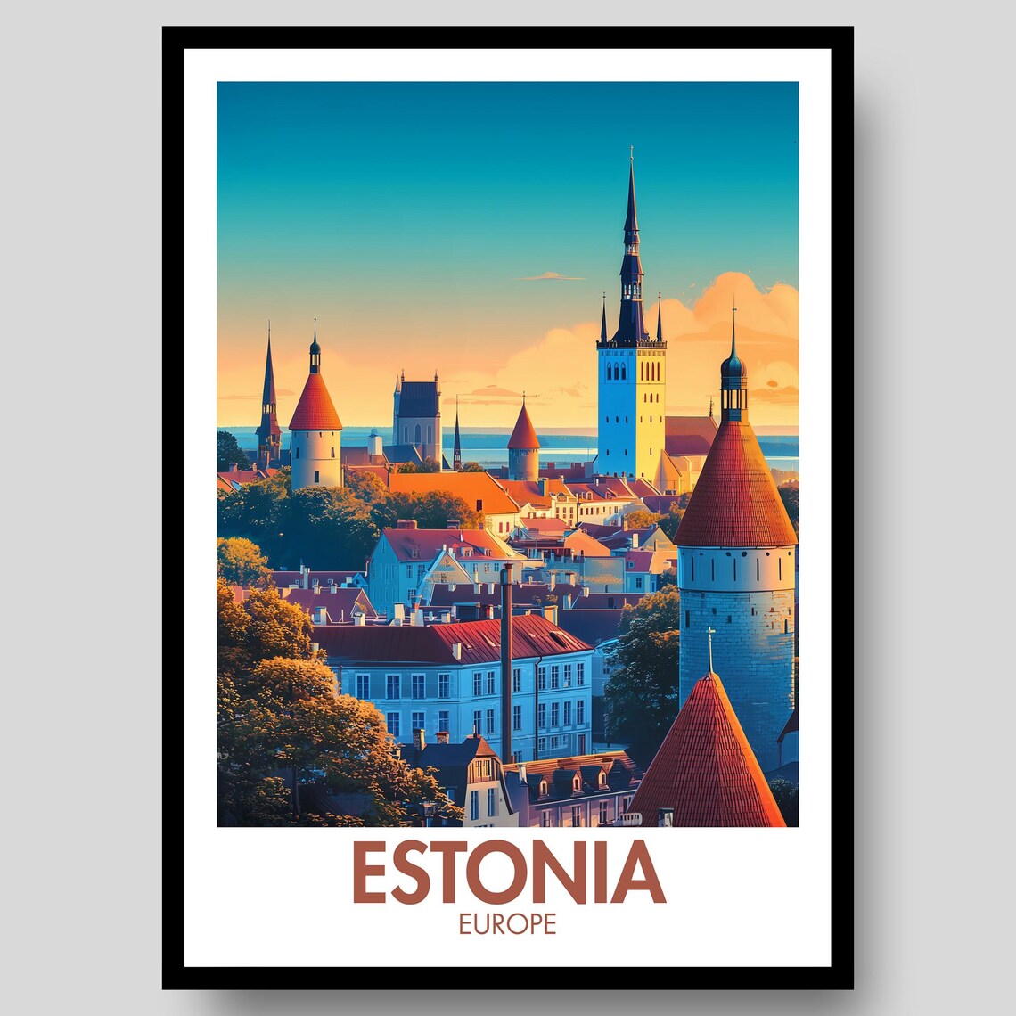 Estonia Medieval Old Town Towers At Sunset Europe Travel Poster