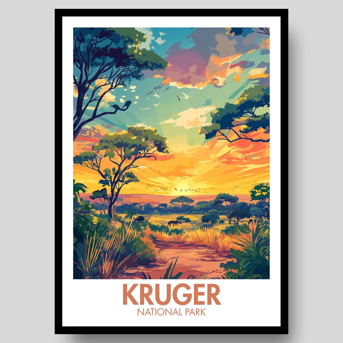 Kruger National Park Africa Safari Sunset Savanna Elephant Art Poster