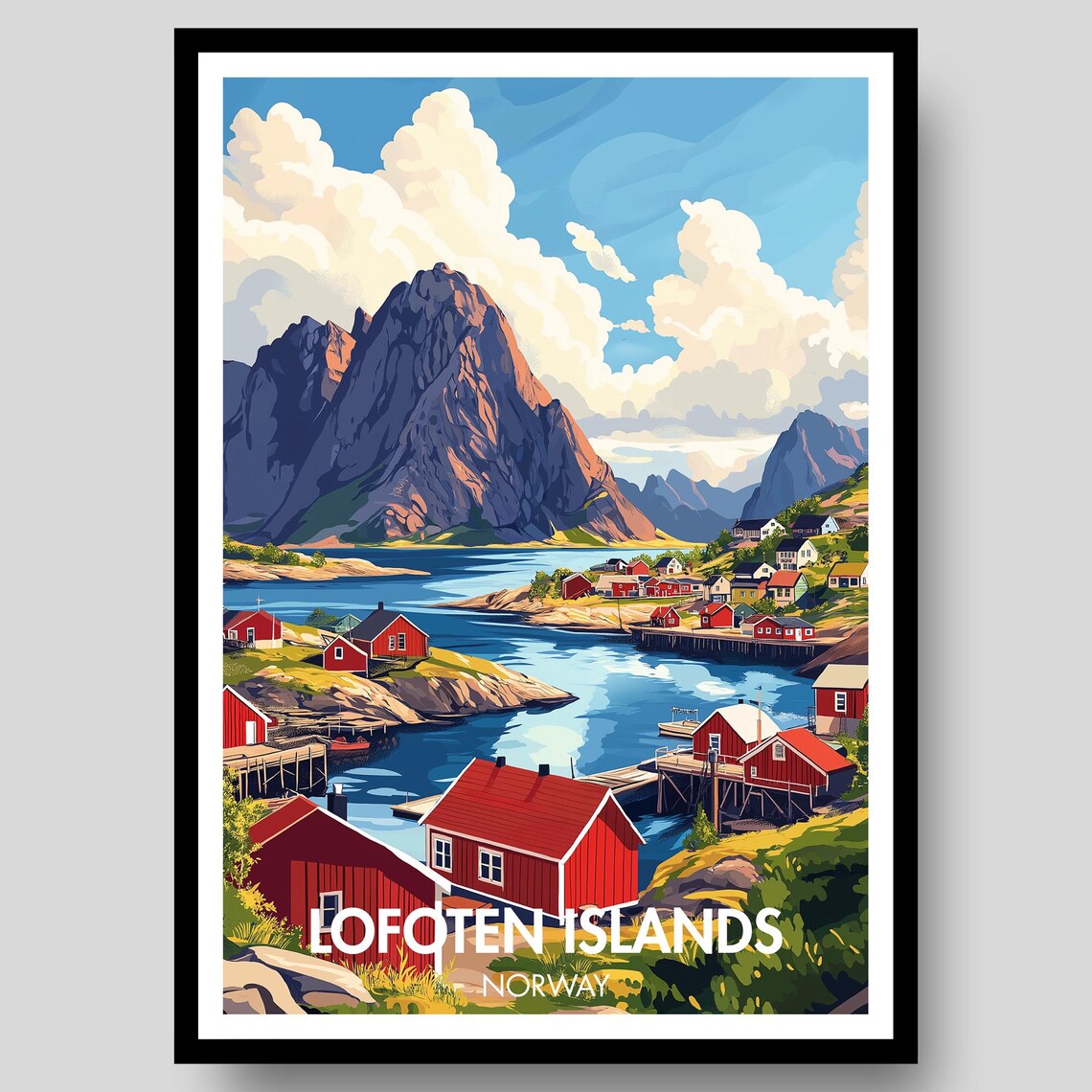 Lofoten Islands Norway Red Cabins Mountain Fjord Village Travel Poster