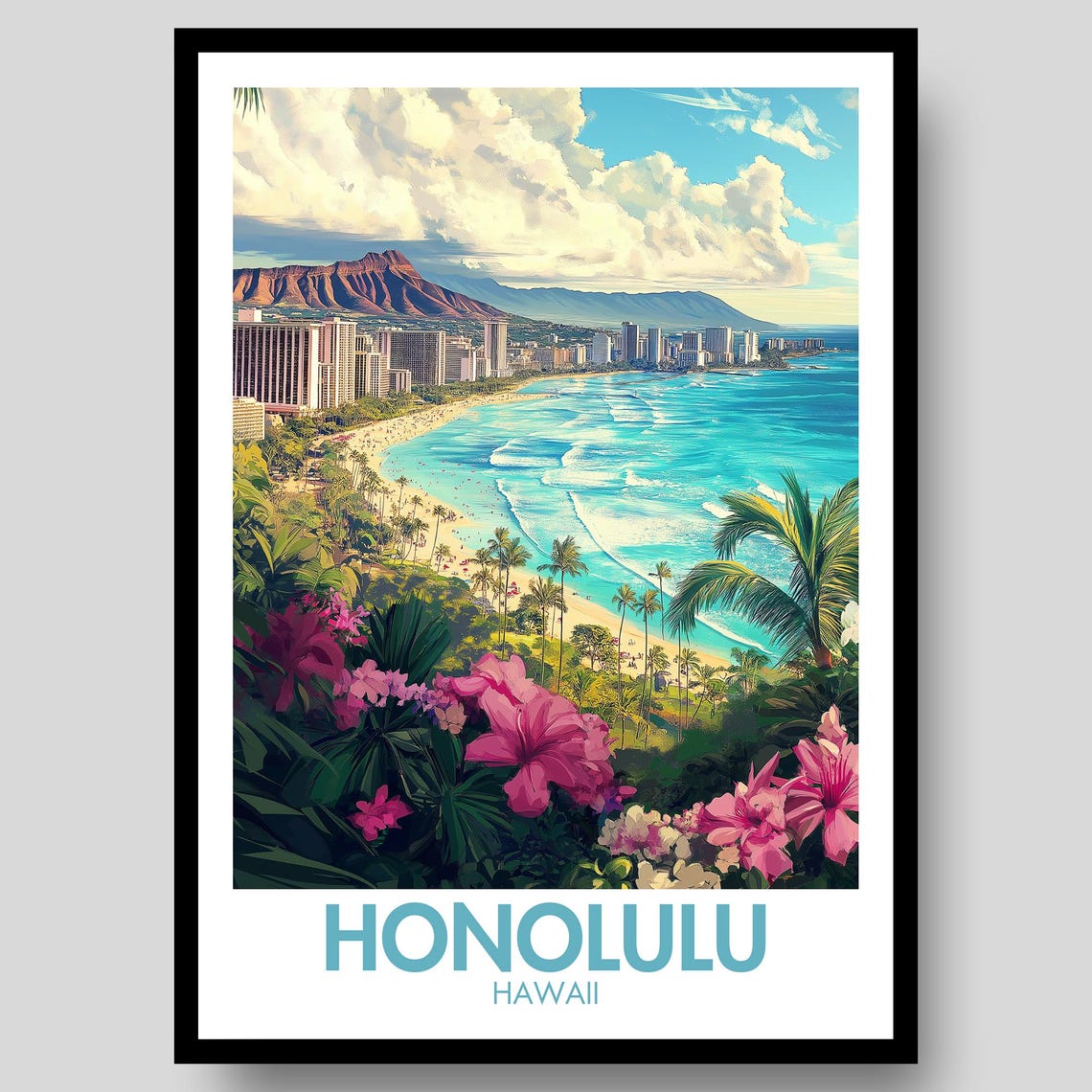Honolulu Hawaii Waikiki Beach Diamond Head Tropical Hibiscus Poster