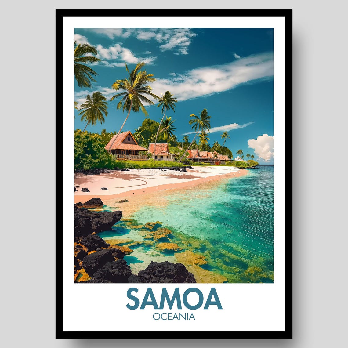 Samoa Oceania Tropical Sandy Beach Palm Huts Lagoon Travel Poster