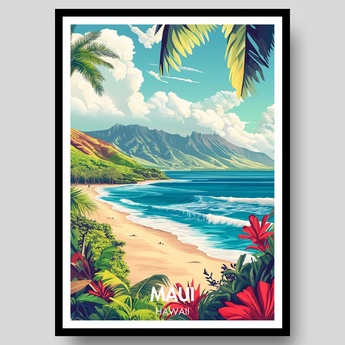 Maui Hawaii Beach Waves Tropical Flowers Island Travel Poster