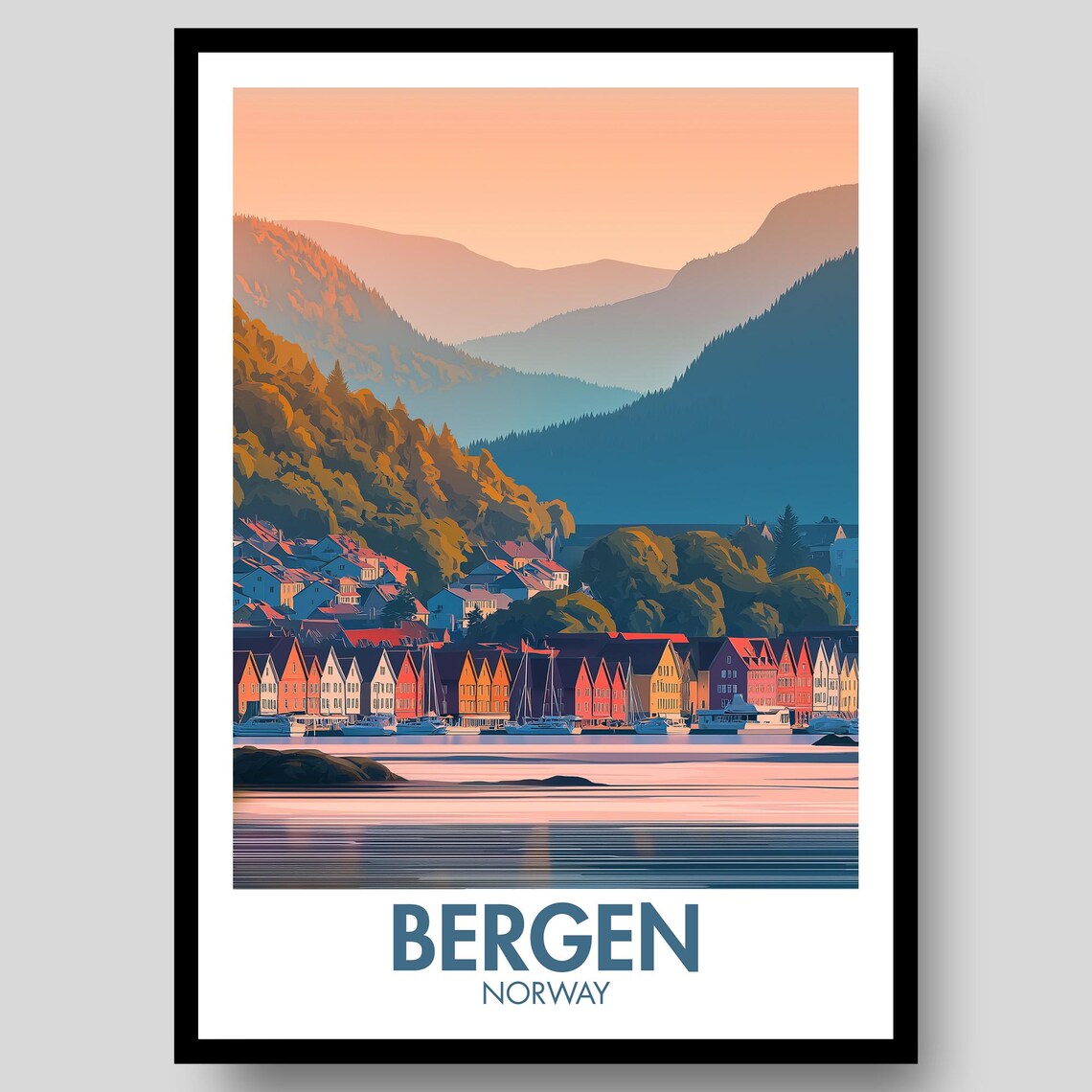 Bergen Norway Bryggen Wharf Harbor Sunset Coastline Travel Art Poster