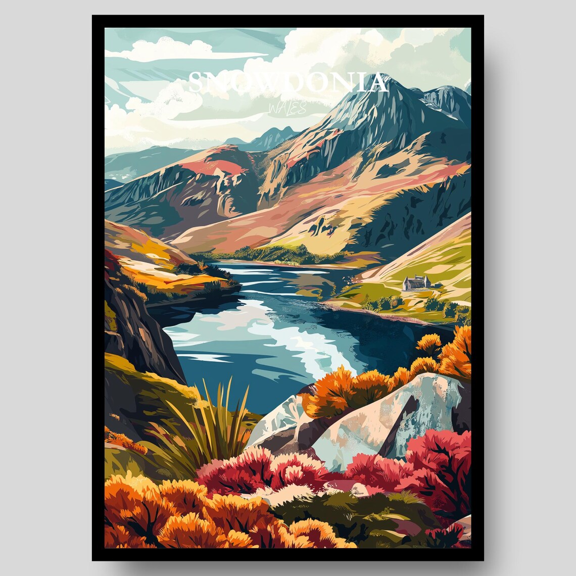 Snowdonia Wales Autumn Mountain Lake Peaks Landscape Travel Poster