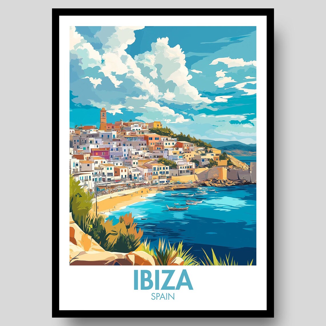 Ibiza Spain Beach Town Harbor Boats Coast Sunset Vintage Travel Poster