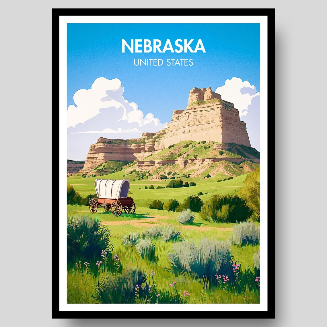 Nebraska United States Historic Covered Wagon Prairie Poster