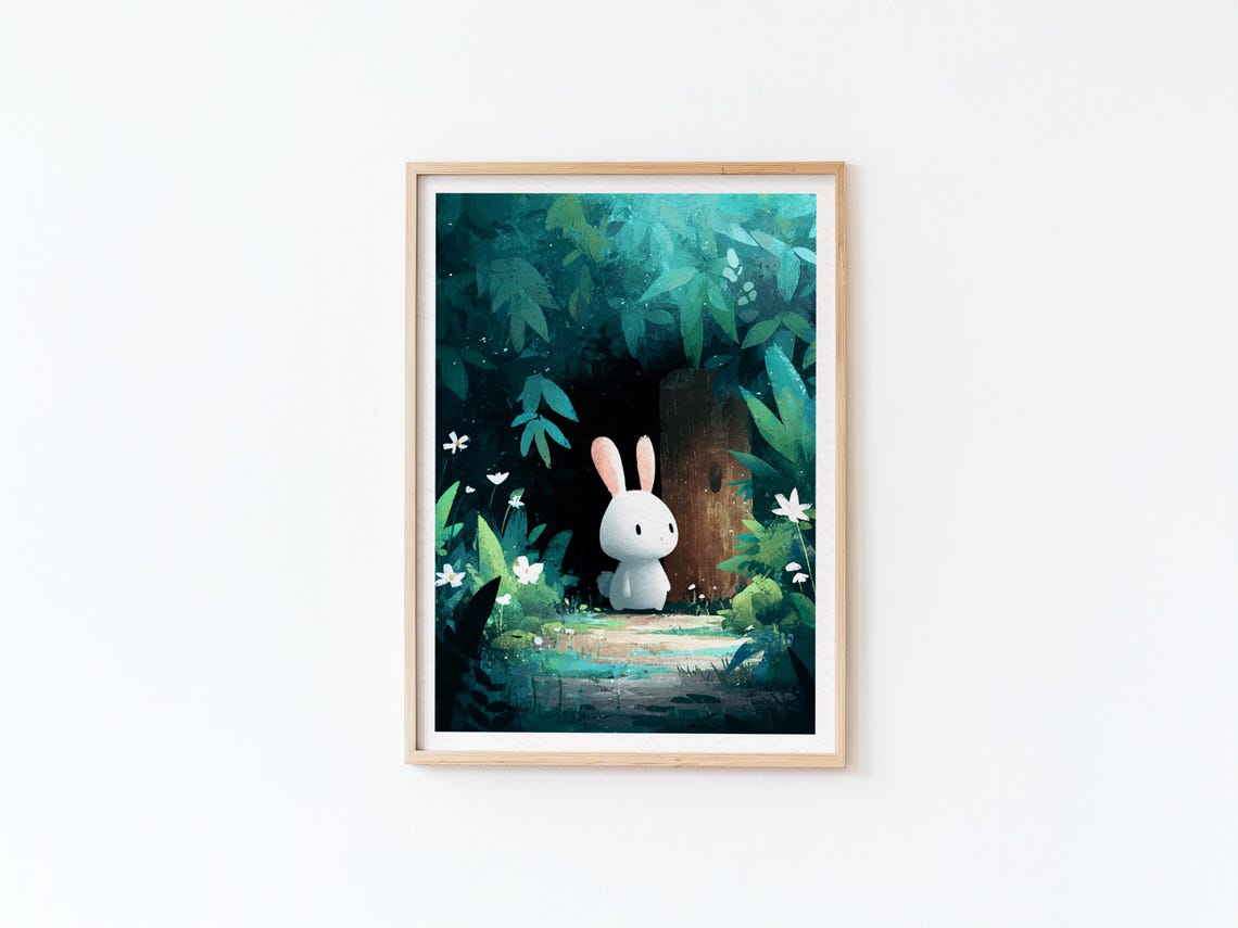 Tiny White Bunny In Enchanted Dark Forest By Tree Door Poster