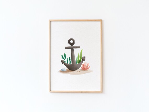 Watercolor Anchor With Seaweed Coral And Shell Nautical Poster