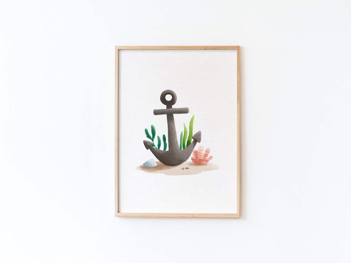 Watercolor Anchor With Seaweed Coral And Shell Nautical Poster