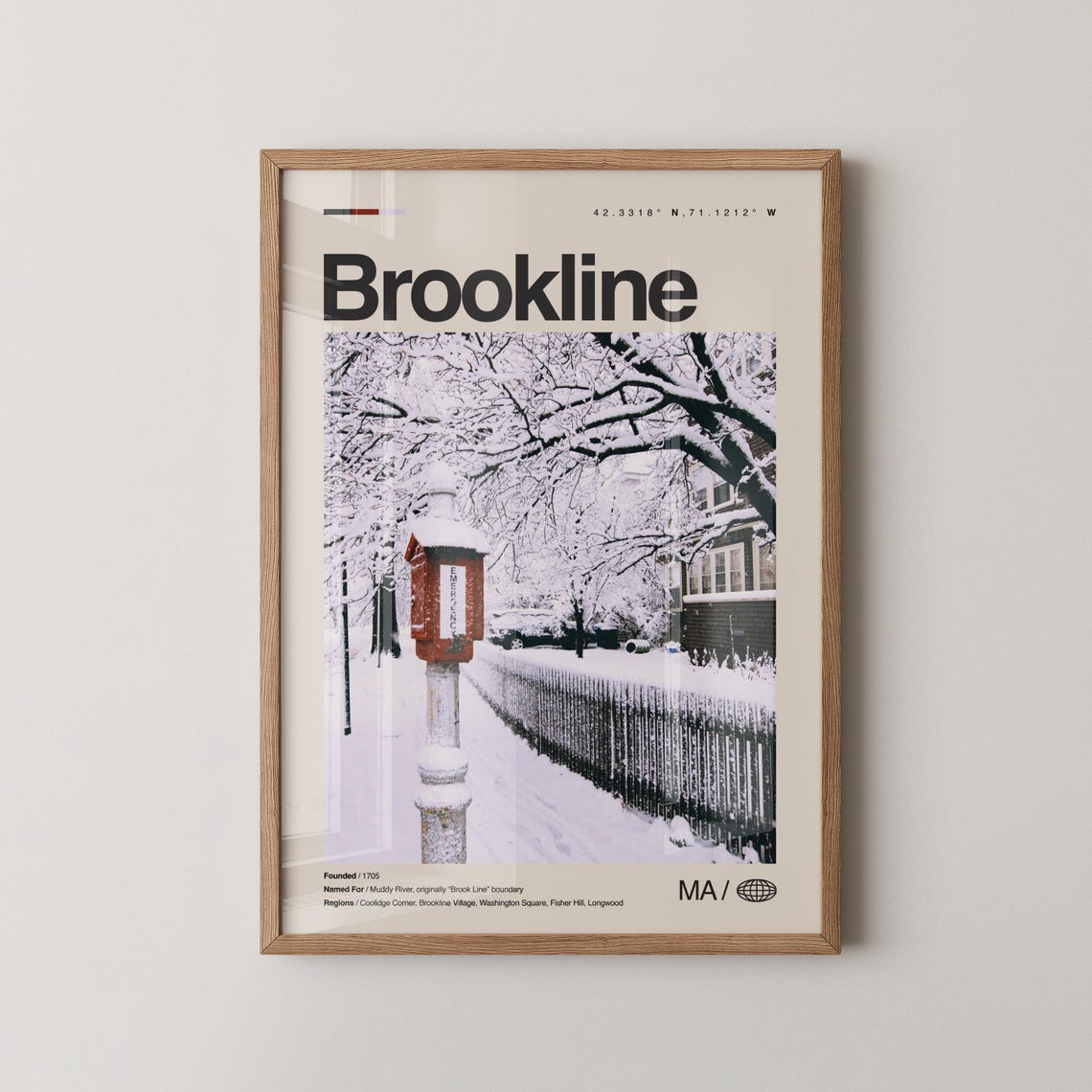 Brookline Massachusetts Snowy Street Photo Coordinates Winter Poster