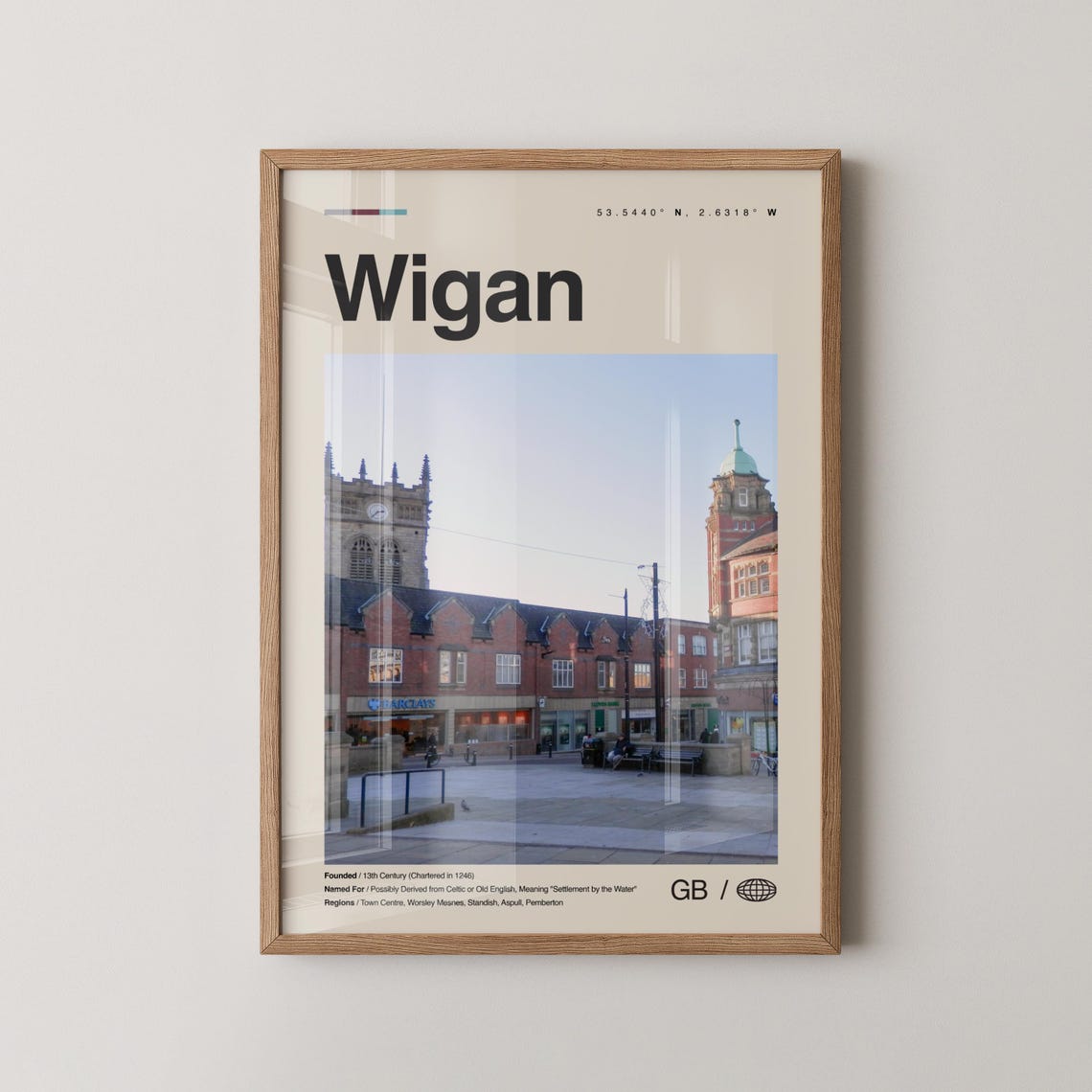 Wigan England Historic Town Square Minimalist Map Style Poster