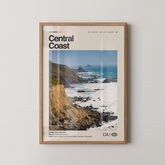 Central Coast Print Real Photo Travel Art Poster Mid Century Minimal Wall Map