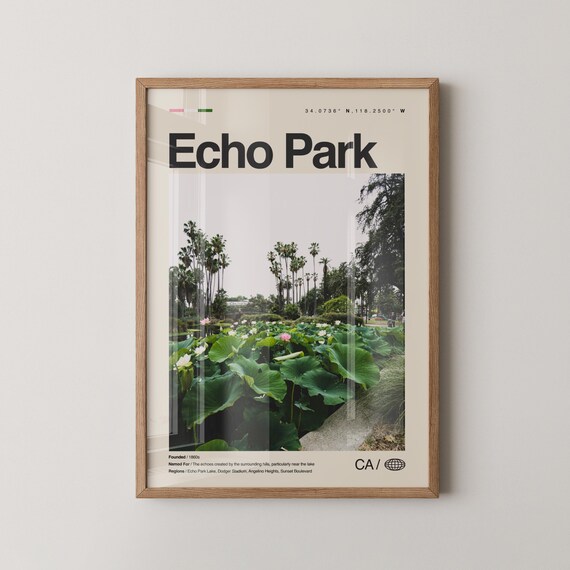 Echo Park California Lotus Pond Palms Minimalist Travel Poster
